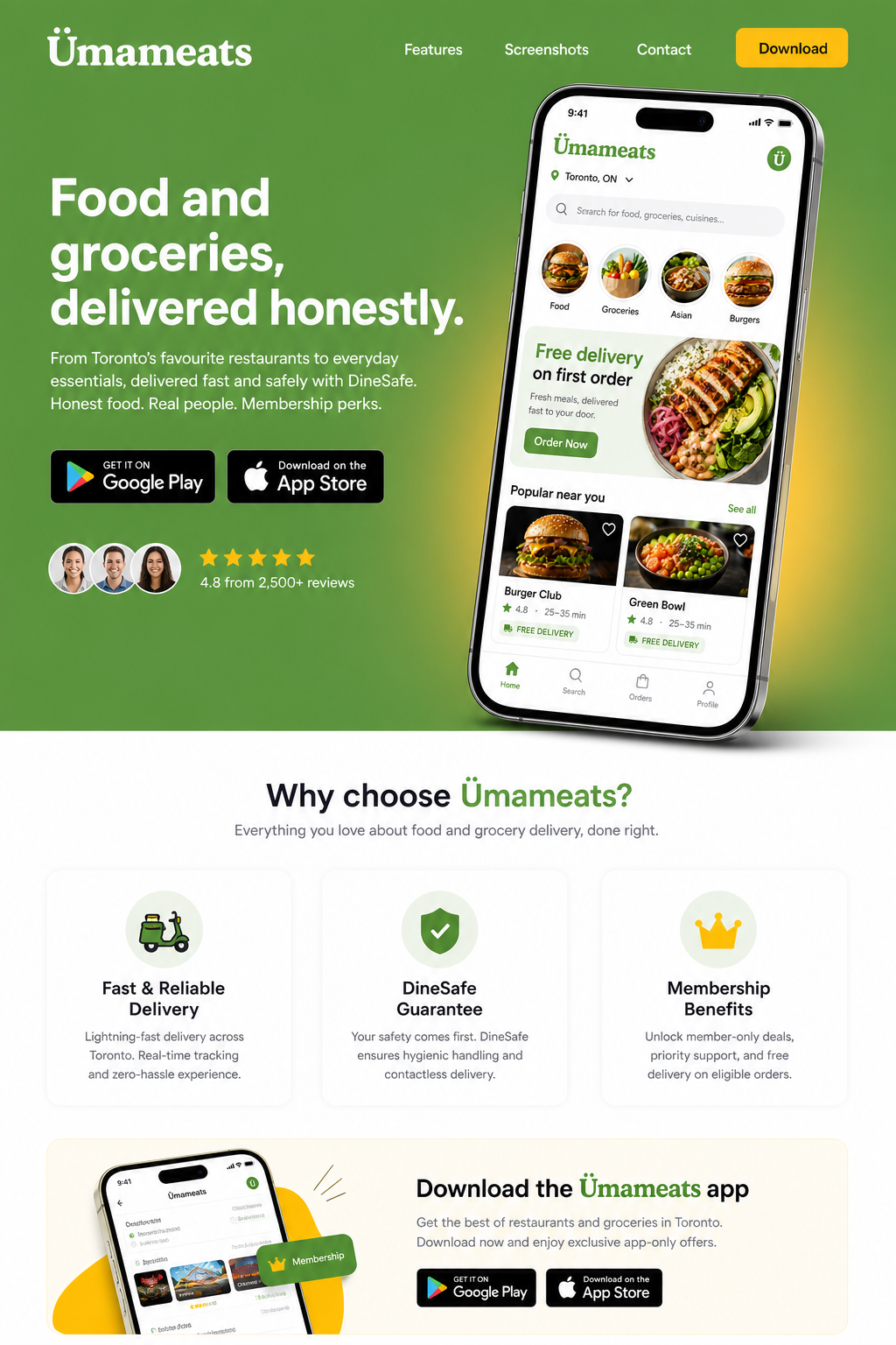 Ümameats landing mockup 01 — Curist-style green hero with phone
