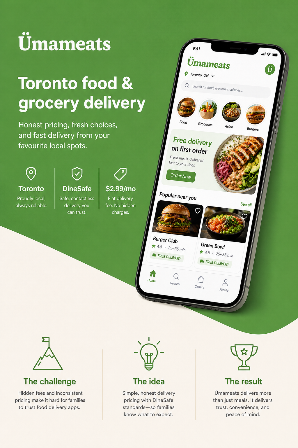 Ümameats landing mockup 02 — split green hero with tilted phone