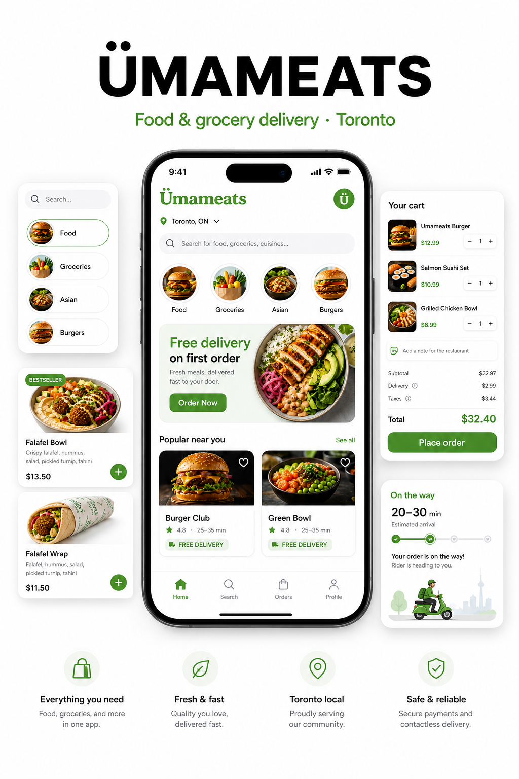 Ümameats landing mockup 03 — phone with floating UI cards